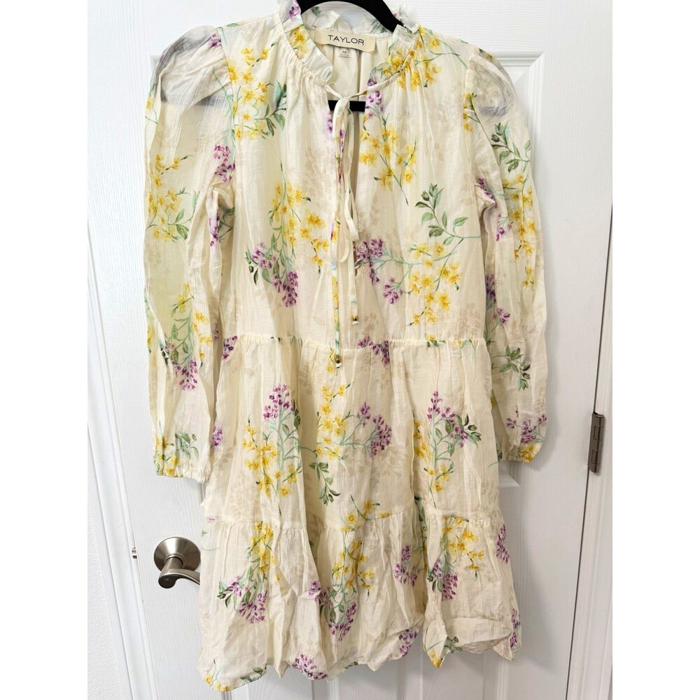 Taylor XS White Floral Mini A-Line Dress Puff Long Sleeves Tie Neck Lined